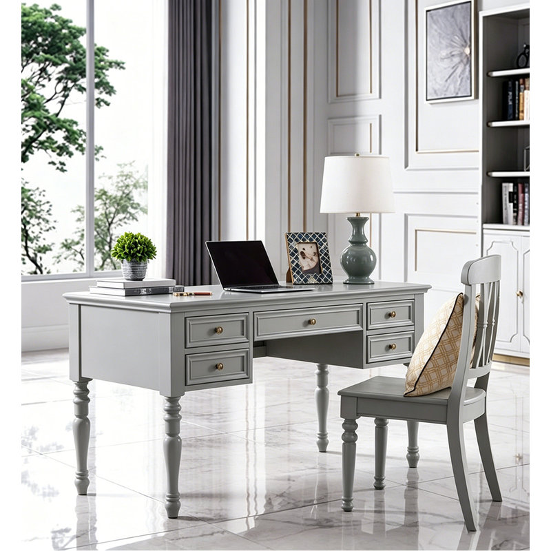 Bureau d'écriture traditionnel en bois massif gris avec 5 tiroirs