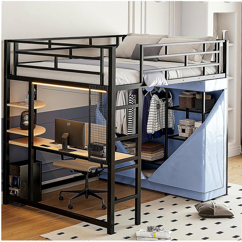 Lit mezzanine double avec structure en métal, équipé d'une table, d'une tablette, d'une prise de courant, de lumières DEL et d'une armoire