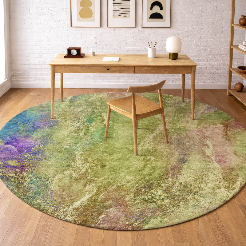 Premium Machine Washable Mayfield AMF2308 Abstract Rug, Green, 8' Round