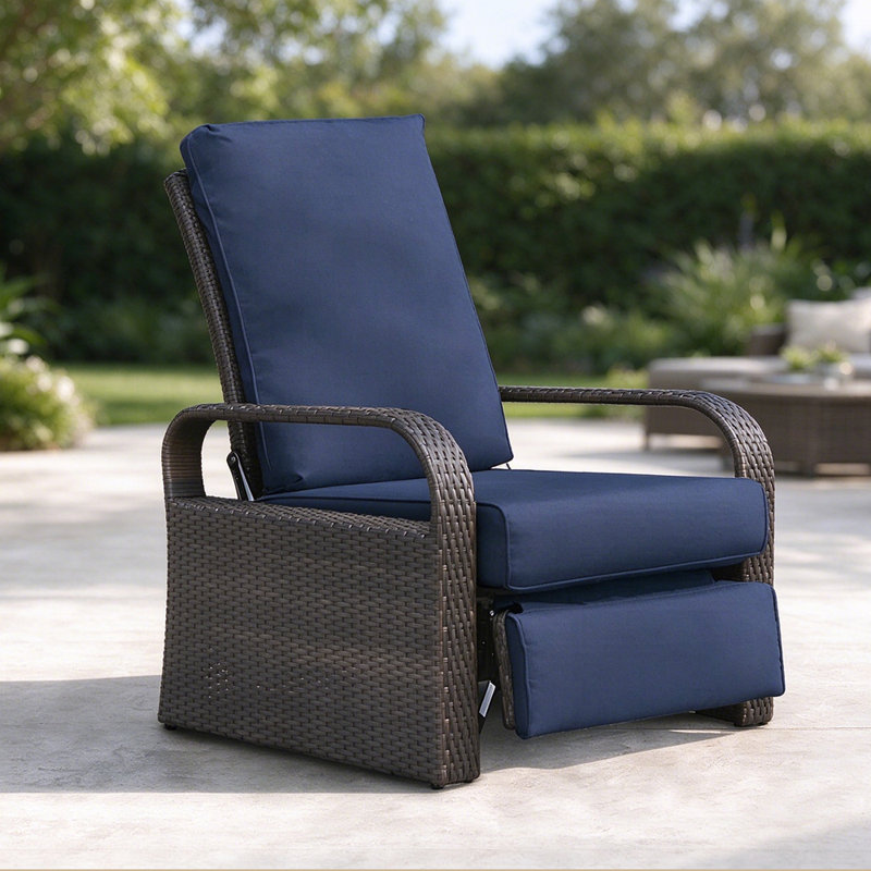 Outdoor all-weather aluminum+PE wicker adjustable recliner patio chair with cushion, Navy Blue, Black