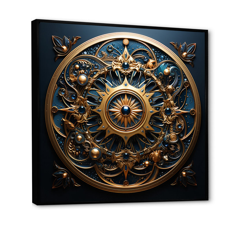 Or et sarcelle, fleurs 3D, phoque antique - Botanicals abstraits, art mural, 30" H x 30" W, Cadre flottant noir