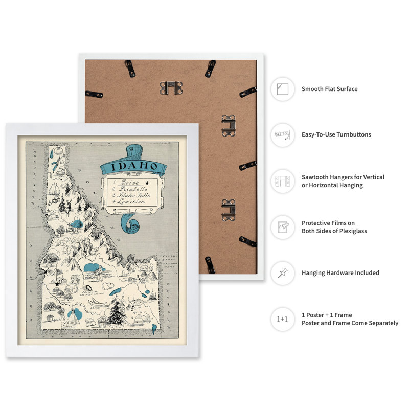 Idaho Pictorial Map, Poster, 18"H x 24"W, White Framed