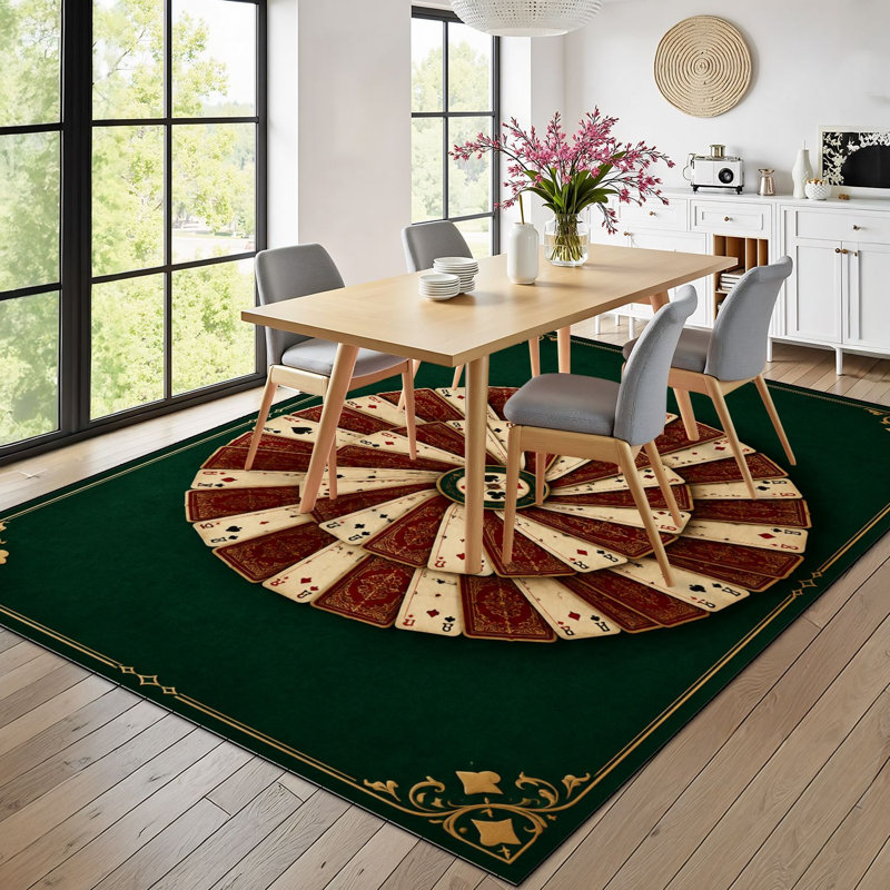 Tapis lavable 9x12, motif cartes à jouer vintage, poils courts, envers antidérapant en TPE, vert foncé, doux, idéal pour le salon, la chambre à coucher, la salle à manger et le bureau.