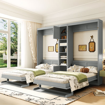 Dual Twin Size Wall Murphy Beds With Cabinets And Shelves