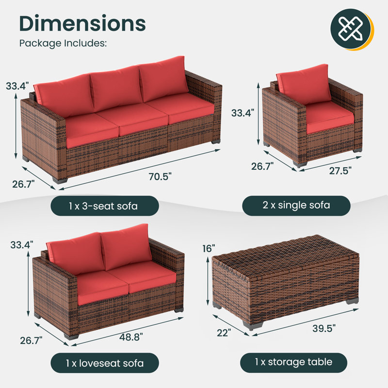 Azoriah 7 -  Person Oversized Armrest Outdoor Sectional Furniture Rattan Sets w/Storage Table, Wine Red