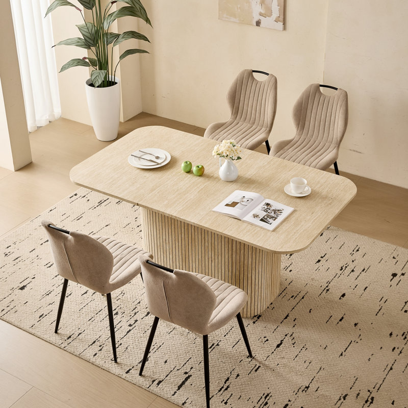 Ensemble de salle à manger 5 pièces pour 4 personnes, table de 160 cm avec 4 chaises en tissu kaki à poignées intégrées, idéal pour la cuisine, le salon ou la maison.