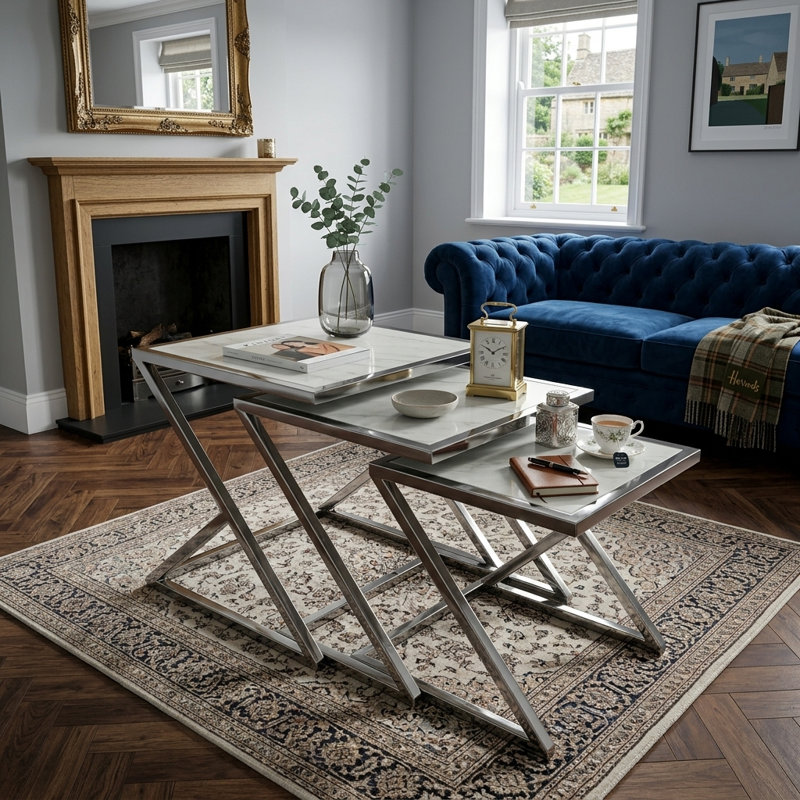 3 - Piece Marble Top Living Room Table Set, White