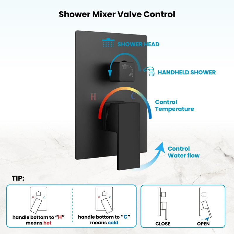 Système de douche et de salle de bain complet Rainfall, fixation murale - valve d'équilibrage de pression en laiton massif, pomme de douche à pluie 16 po et poignée