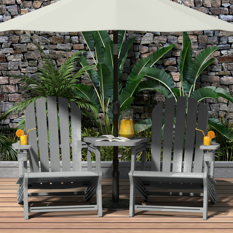Ensemble de chaises d'extérieur en poly Adirondack avec plateau de connexion et porte-gobelet, Gris