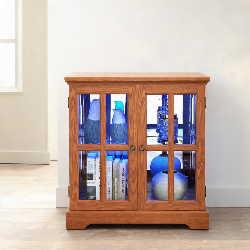 Armoire de rangement à tablette réglable, finition chêne foncé, panneau de fibres à densité moyenne et fabrication en verre avec éclairage DEL pour la présentation et l'organisation de la maison