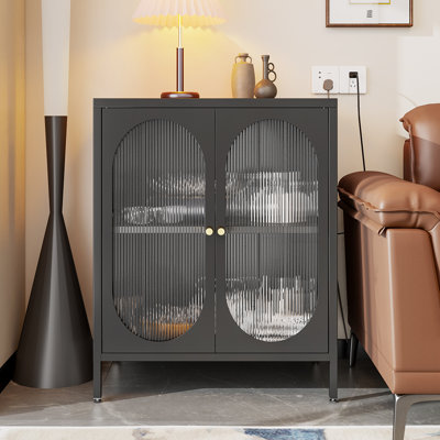 Petite armoire de rangement latérale en métal à 2 portes transparentes pour chambre à coucher, salon, entrée, couloir, maison, hôtel, bureau, garage, cuisine, 2 tablettes amovibles.