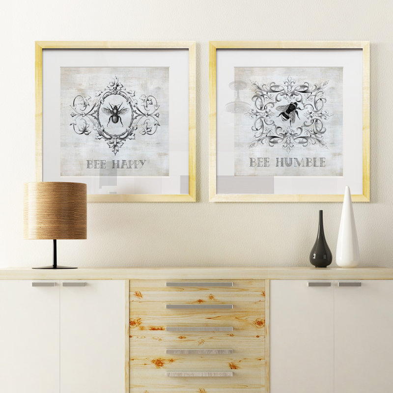 Bee Happy - Ensemble de 2 tableaux encadrés sous verre acrylique, grand format, pour salon