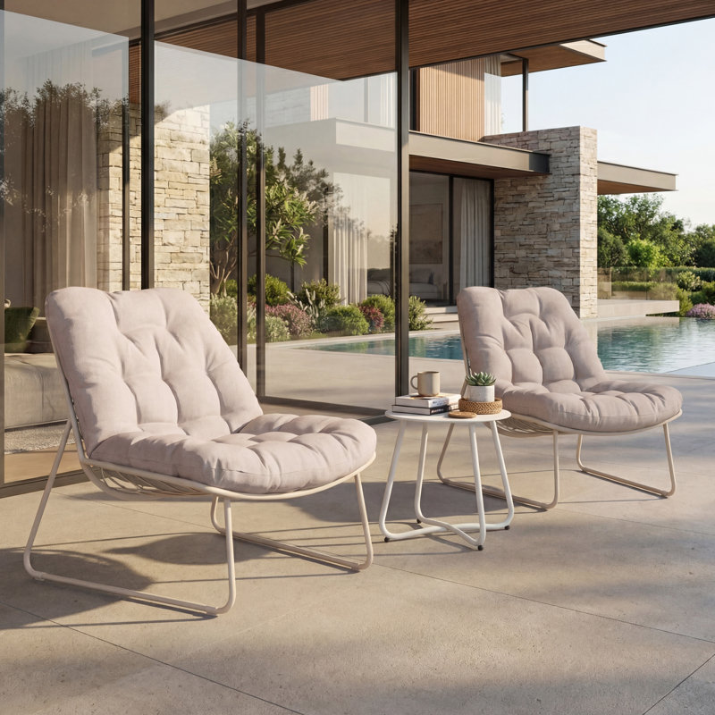 Ensemble 3 pièces de chaises longues avec table d'appoint et coussins, Beige, Crème