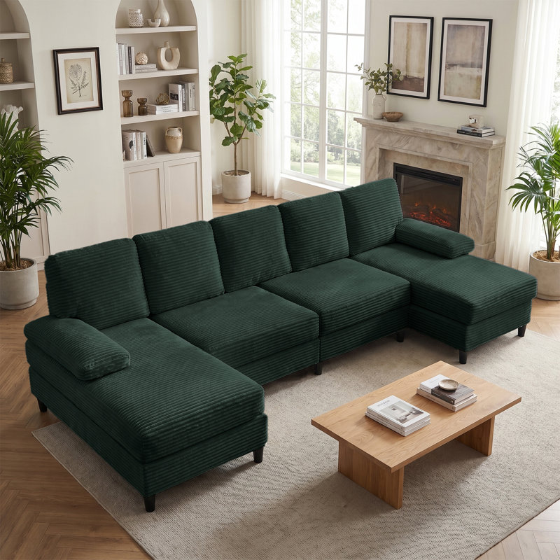 U-Shaped Corduroy Sectional with Double Chaises & Pillows, Green
