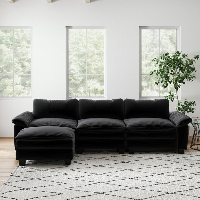 Velvet Upholstered Sectional Sofa with Ottoman, Black