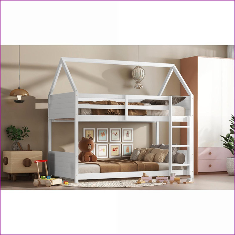 Lit superposé simple en bois d'hévéa - garde-corps, aucun sommier requis, blanc, Blanc
