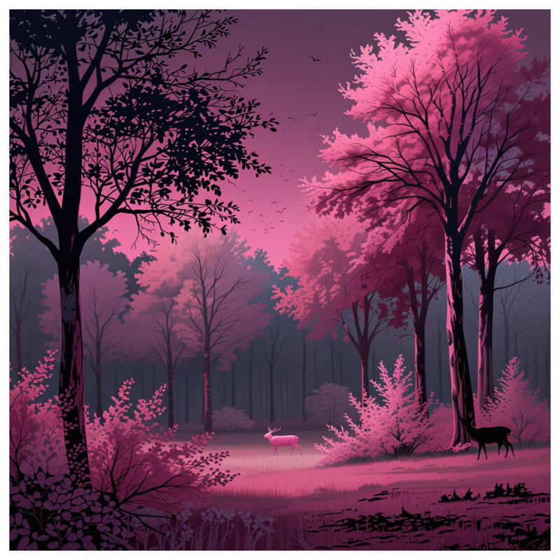 Tapisserie murale forêt rose avec cerf, H 50 po x l 60 po avec 4 œillets