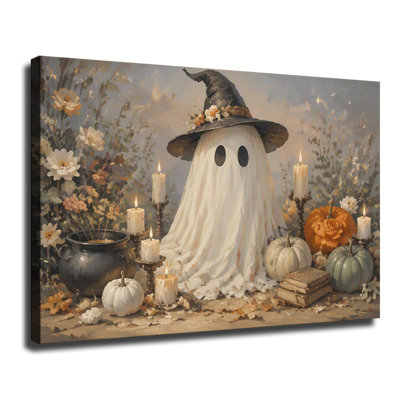 Fantôme avec chapeau de sorcière, citrouilles et bougies, peinture à l'huile d'Halloween rétro, art mural sur toile pour le décor de chambre à coucher de salon