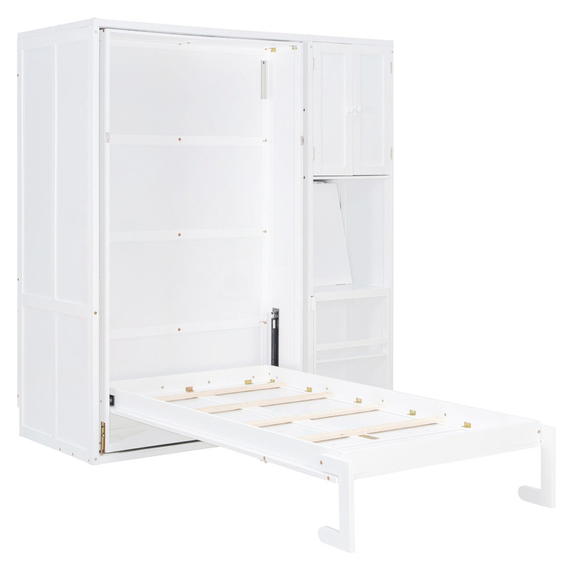 Lit escamotable mural simple avec bibliothèque, armoire supérieure, bureau extensible et rangement latéral, blanc, Blanc