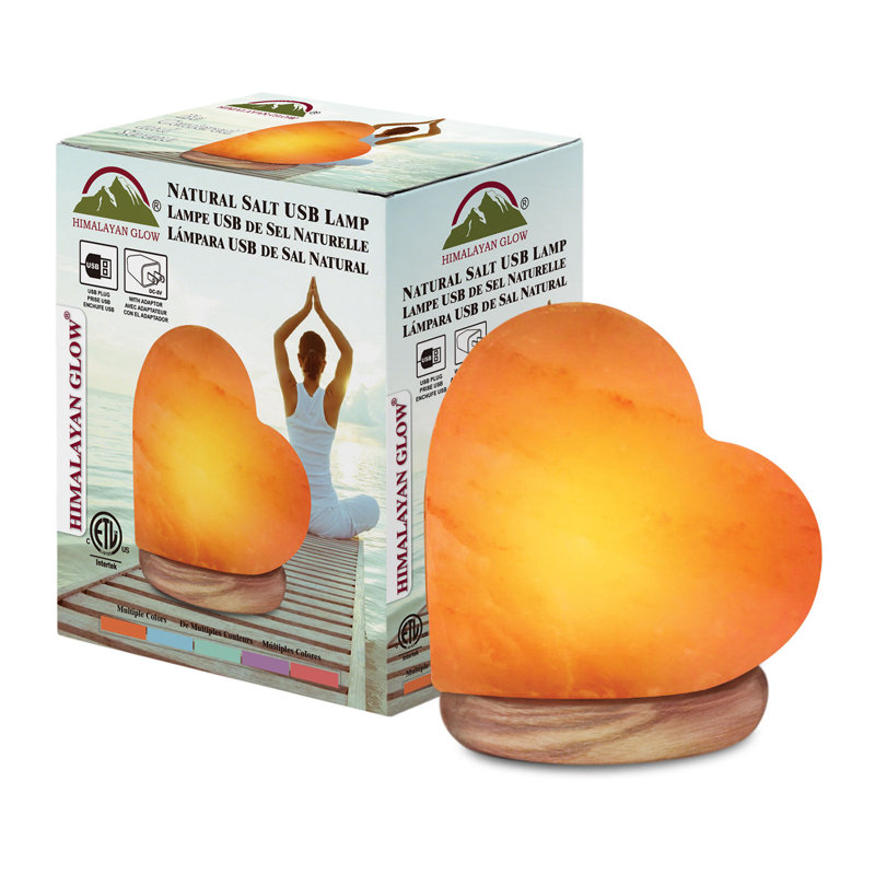 Himalayan Glow USB Salt Lamp, Multicolor Hand Carved Heart Shape Salt Lamp with Neem Wooden Base