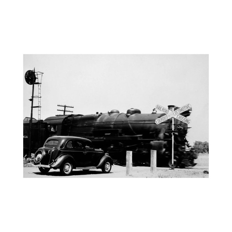 1930s Automobile Stopped At Railroad Grade Crossing With Steam Engine Speeding By by Vintage Images - Wrapped Canvas Print