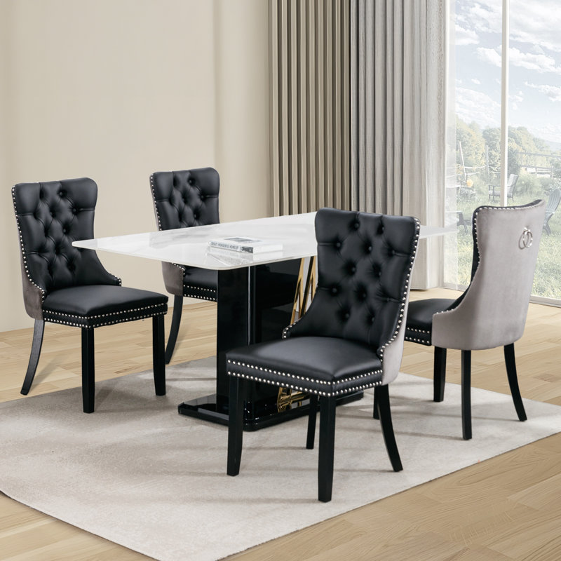 Kingson Modern Glam Tufted Two-Tone Dining Chair with Nailhead Trim & Back Pull Ring, Black/Gray, 4