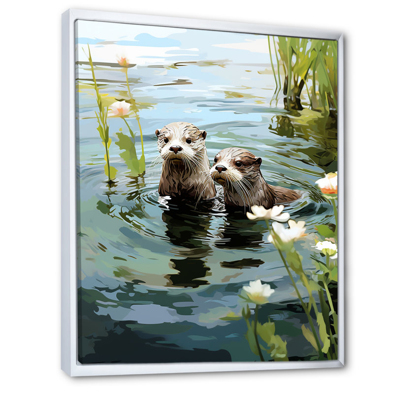 «Otters Playtime - Coastal Animal», art mural, Cadre flottant blanc, H 32 po x l 16 po