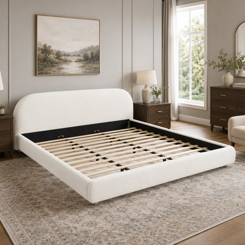 Très grand lit plateforme tapissier avec tête de lit courbée, Crème, crème, Très grand lit