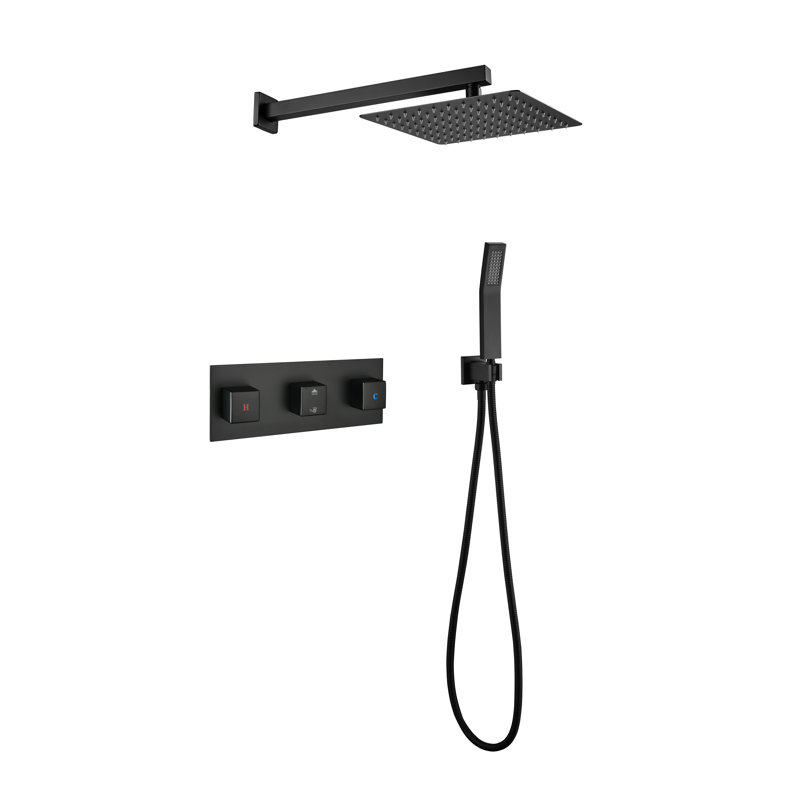 Brass Matte Black Shower Faucet Set Shower System 10 Inch Rainfall Shower Head With Handheld Sprayer Bathroom Luxury Rain Mixer Combo Set, Roughin Valve Included,
