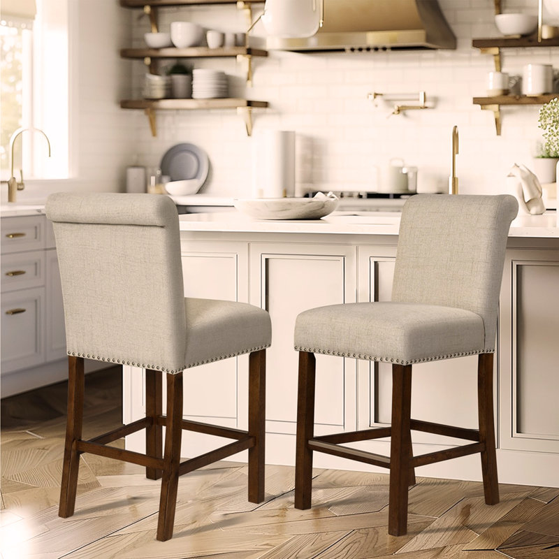 Upholstered Counter Stool With Nailhead Trim Set Of 2, Beige