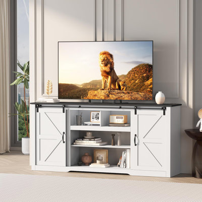 Meuble télé 70 po pour téléviseur de 80 po, centre de divertissement en bois rustique avec tablettes réglables et porte de grange coulissante, console télé avec rangement ouvert pour la maison