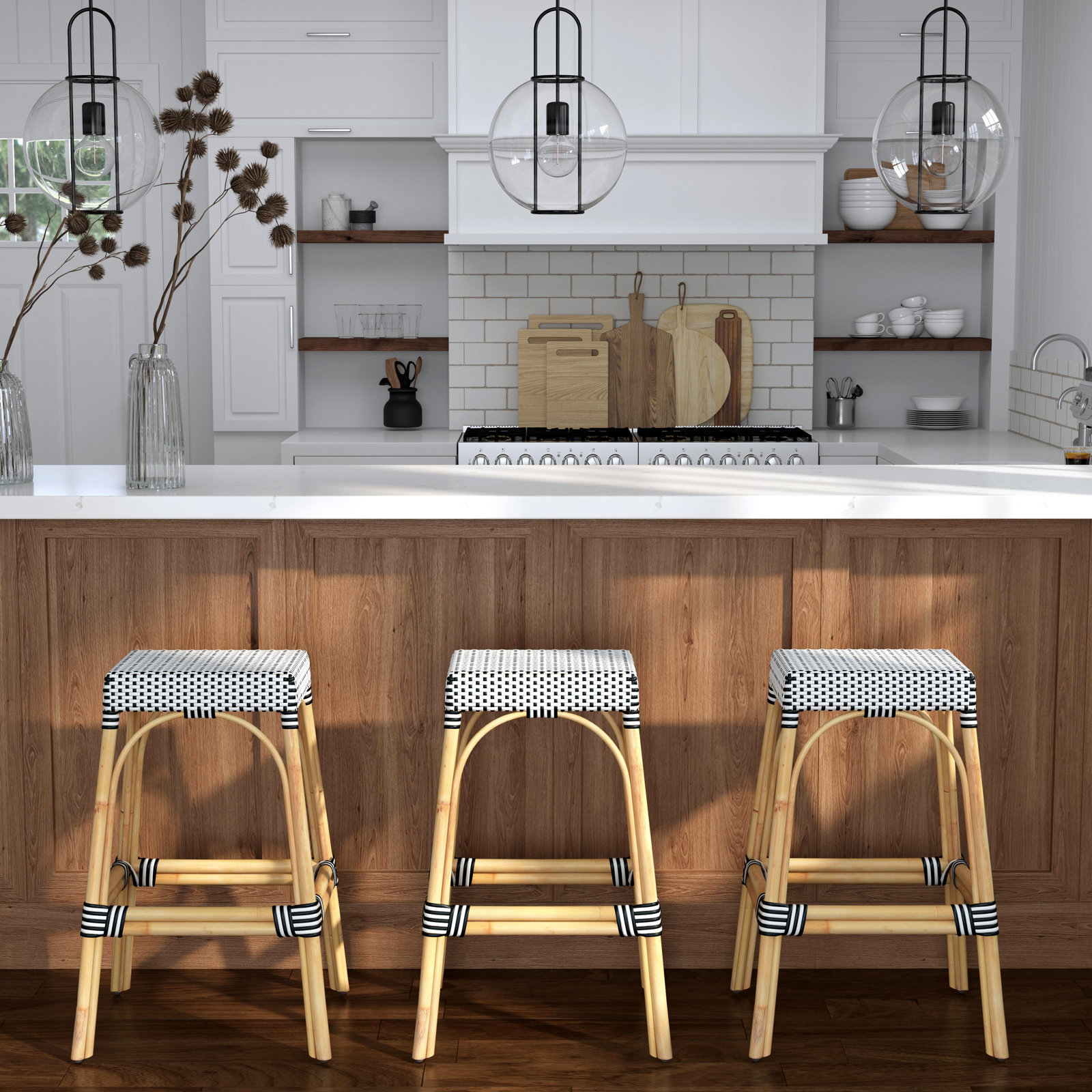 Lennart 30" Bar Stool, Counter Stool (24.5" Seat Height), White/Black Dot/ Natural Rattan Frame