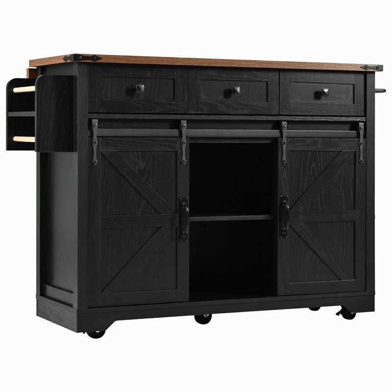 53.7" Farmhouse Kitchen Island With Power Outlet, 2 Sliding Barn Door Kitchen Storage Island With Drop Leaf, Spice Rack Rolling Kitchen Cart On Wheels, For Home, Kitchen And Dining Room, Black