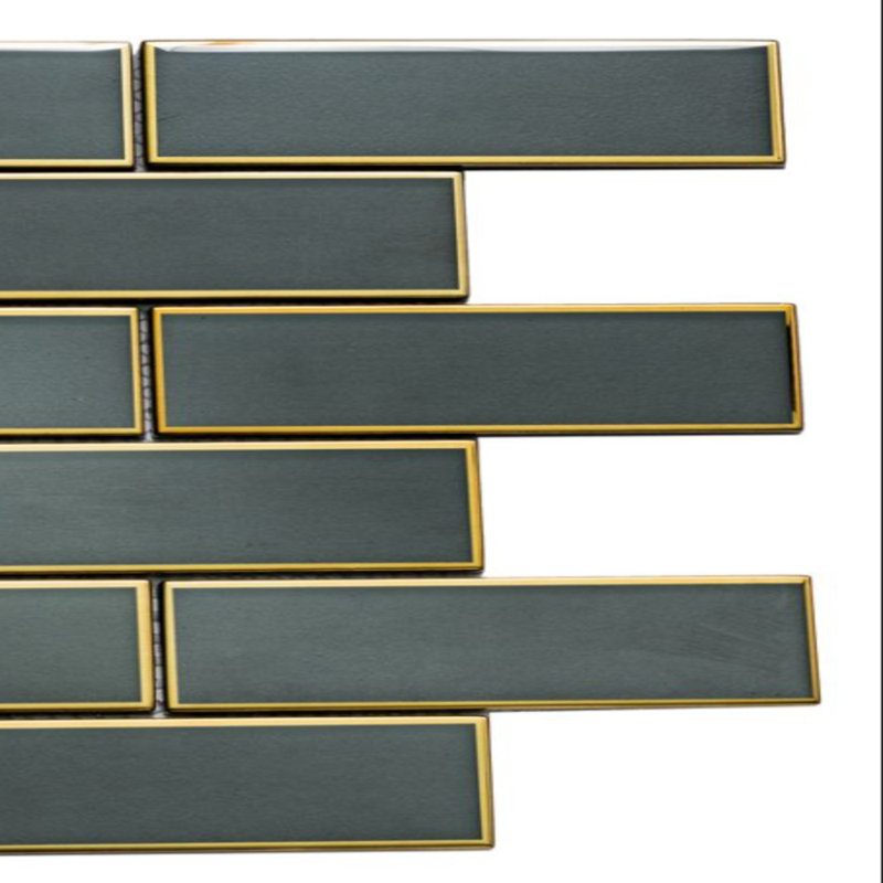 Athena Black 2" x 6" Glass Brick Joint Mosaic Wall & Floor Tile, Gold