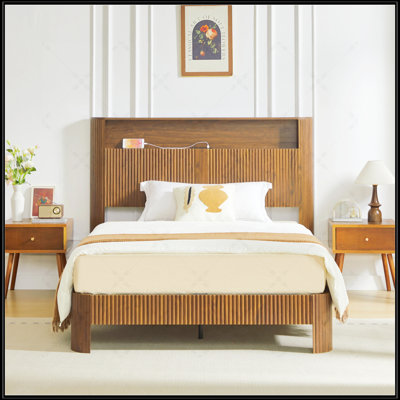 Full XL Size Bed Frame With Storage Headboard, Built-In Charging Station, Wavy Curved Lines, Silent Operation, And Metal Support In Walnut Finish
