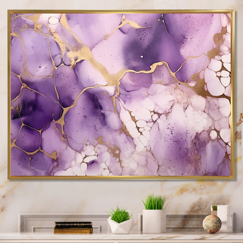 «Mauve et or», encre de marbre, art mural - Fractales, H 30 po x l 40 po, Cadre flottant doré