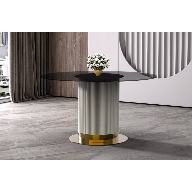 Murtis Round Glass Top Metal Base Dining Table, Light Black, 29.5" x 60" W x 60" D