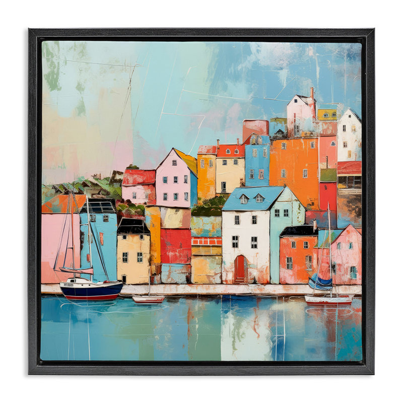 Peinture de quartier bord de mer, Cadre flottant noir de jais, H 18 po x l 18 po