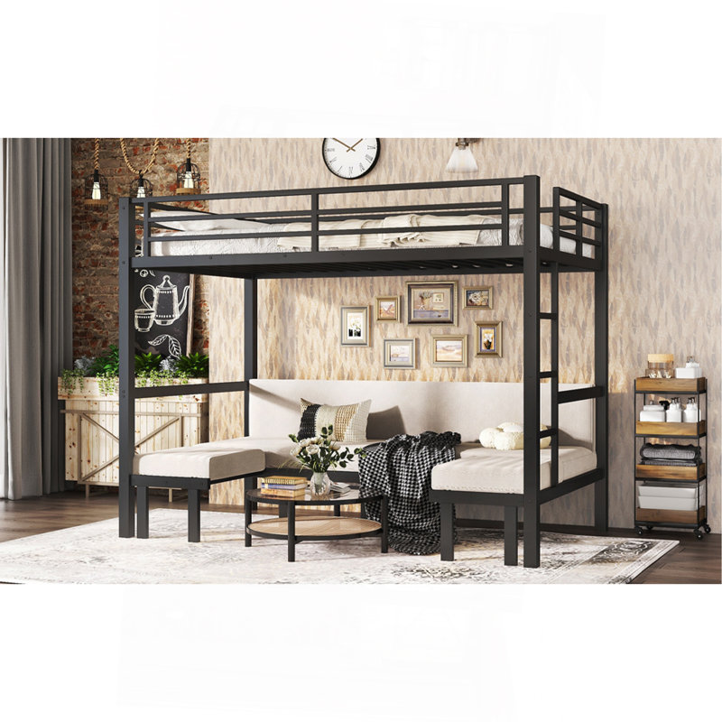 Twin XL over Twin XL size pull-out Metal Bunk Bed, lower bunk can be pulled out in three sections, top bunk equipped with safety rails, black.