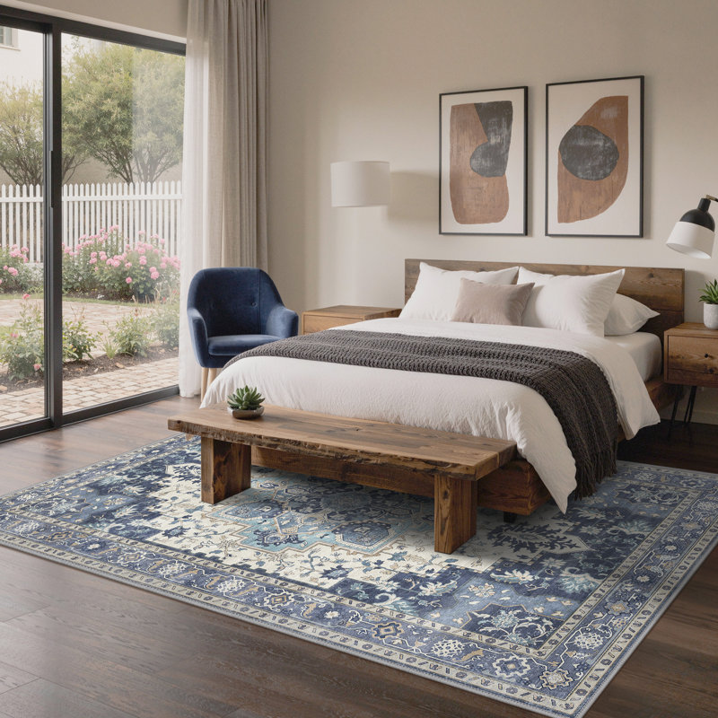 Tapis oriental performance Roehit, Rectangle 9 pi x 12 pi, Bleu marine / Ivoire