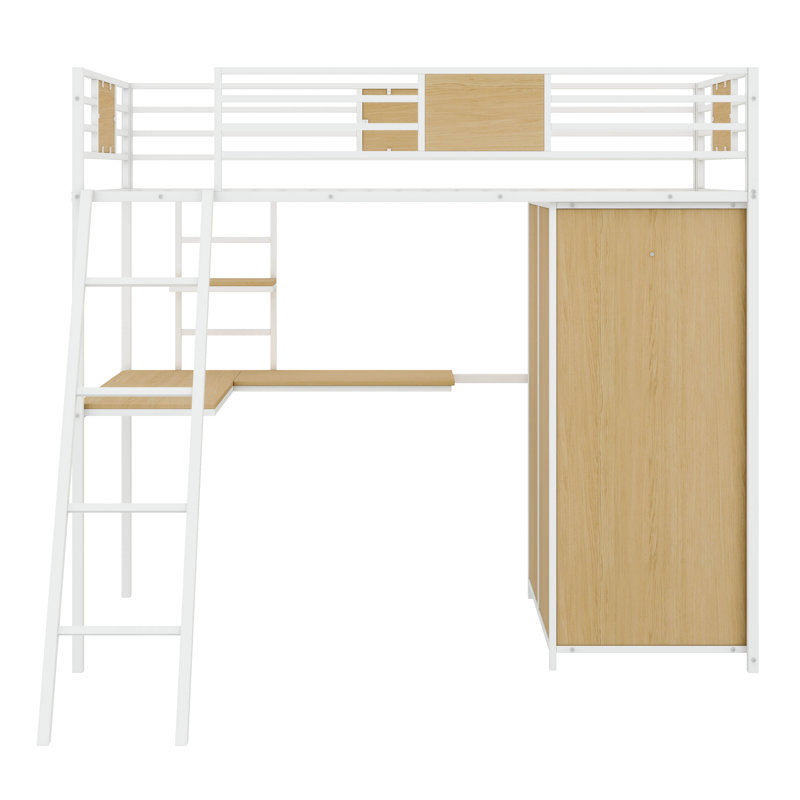 Un lit mezzanine simple avec un bureau en forme de L et une armoire intégrée, Blanc