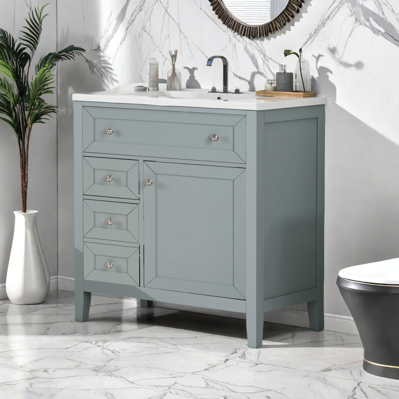 Meuble-lavabo en bois massif avec lavabo sous-comptoir en céramique - Glissières de tiroir à fermeture en douceur de 12 po, bac rabattable + tiroir simple + tiroir de rangement, tablette réglable, capacité de charge de 70 kg