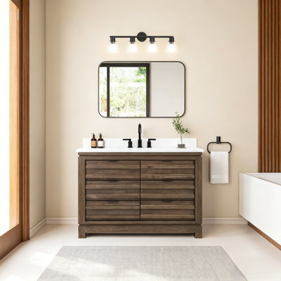 48" Modern Farmhouse Slatted Solid Wood Bath Vanity with Engineered Stone Top