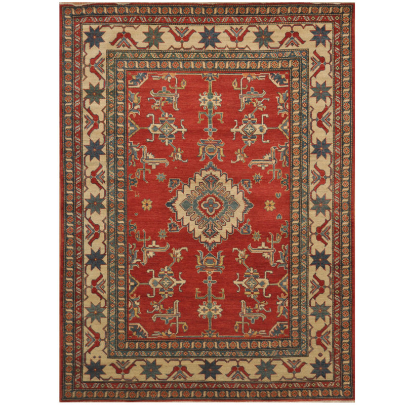 Tapis de zone en laine rouge/ivoire 6 pi 5 po x 9 pi 2 po one-of-kind à la main noué la kazak Sauer