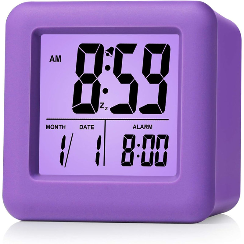 Digital Alarm Clock For Kids With Snooze And Nightlight Easy Setting Silicone Display Time, Date Loud For Bedroom Battery Powered (Purple)