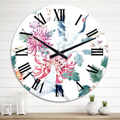 Crane avec fleurs et plantes - Horloge murale à motifs