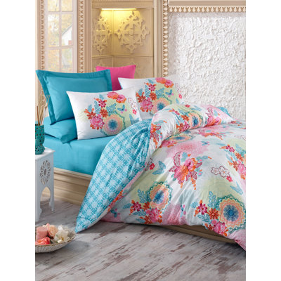 Ensemble de housse de couette moderne et contemporain 100% coton menthe / blanc / rose / orange Foxton