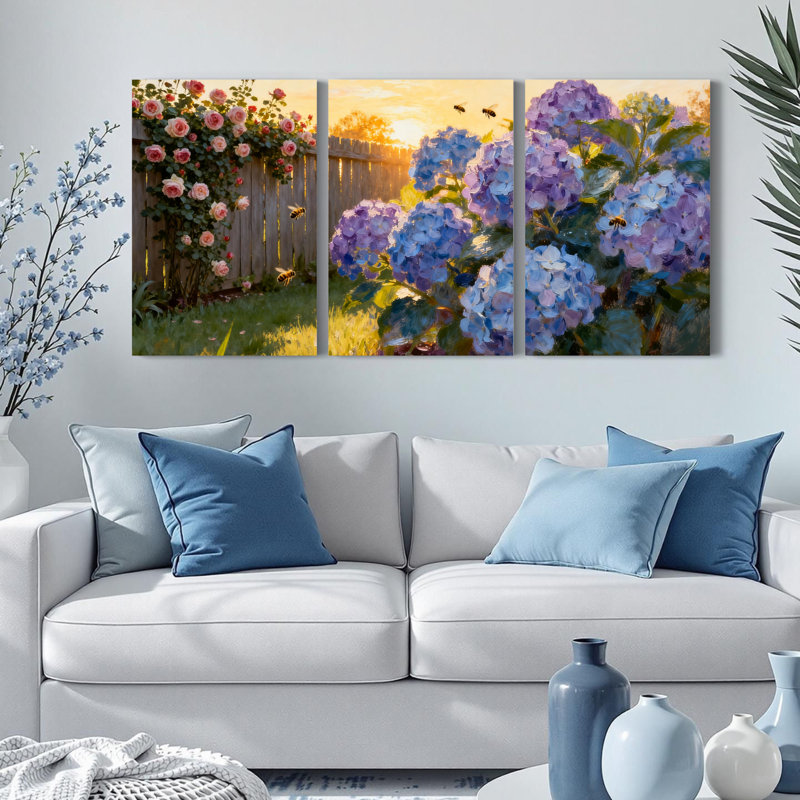 Tableau sur toile tendue représentant un jardin de roses et d'hortensias (lot de 3), H 18 po x l 36 po