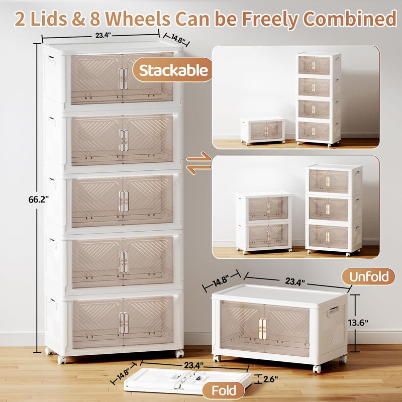 Plastic Stackable Storage Bins, Folding Organizer Boxes With Wheels And Magnetic Doors for Home & Office