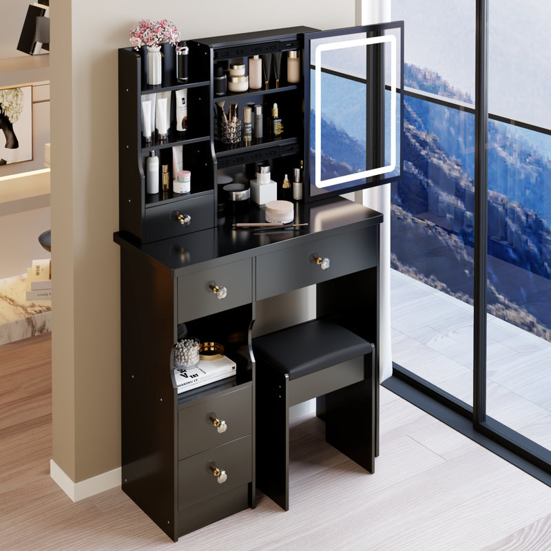 Small Space - Compatible Left Drawer Vanity Table With Cushioned Stool And Tri Color Led Mirror For Cozy Residential Quarters Desktop Stool, Touch Operated Brightness Adjustable Scale Sleeping Areas